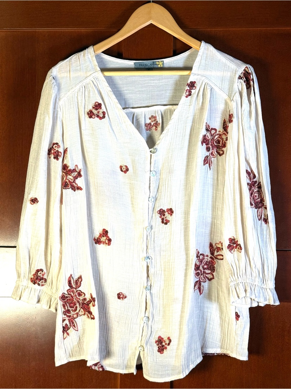 Figueroa & Flower XL Ivory Embroidered Floral Boho Button Blouse